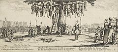 The bodies of captive men hang from trees while soldiers and civilians look on. A man to the right comforts a woman.