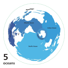 Rotating series of maps showing alternate divisions of the oceans