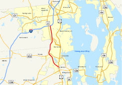 Highways in the Warwick area of southeastern Rhode Island are shown on a map. Route 4 is highlighted, running south to north for 10 miles from U.S. Route 1 in North Kingstown to Interstate 95 in Warwick.