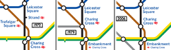 three extracts of the London Underground tube map showing how station names have changed at Embankment and Charing Cross stations