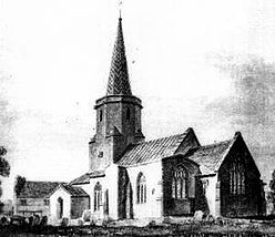 Engraving of a church building with a hexagonal tower supporting a spire.