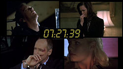 A split screen image from the TV series 24. In the image, it shows several different people, in different locations, depicted at the same time. This is used to show the viewer what different characters are doing at the same time