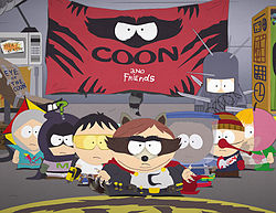 Cartman and the boys from South Park dressed in their superhero alter-ego costumes as the superhero team "Coon and Friends".