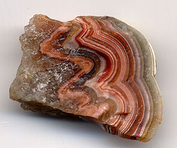 A photograph showing a slice through a stone with the face displaying alternating bands of bright red, bright white and tan