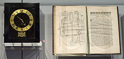 Spring driven pendulum clock, designed by Huygens, built by instrument maker Salomon Coster (1657) , and manuscript Horologium Oscillatorium