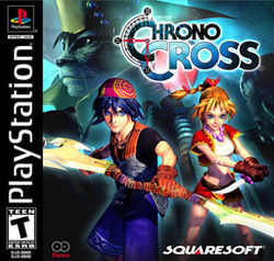 "CHRONO CROSS", "PLAYSTATION", "SQUARESOFT", characters Serge and Kid with ship-oar weapon and dagger respectively in foreground, anthropomorphic lynx character in background