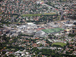 An aerial view of the Claremont CBD, with larger commercial/retail buildings in the middle and houses in front and behind.