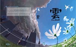 A curved painting of a field of white flowers in front a gray, fenced-in city. The word "Cloud" is written below the Chinese character for the same on the right side, and description of the game is in a gray box on the left.