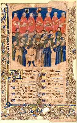 A full color, illustrated manuscript of the Court in session.  Up at the top are the seven Justices of the court, dressed in orange robes.  Underneath the Justices are the clerks of the court, dressed in robes that are half green and half blue.   Underneath the clerks are the pleaders, who are dressed in blue and gold outfits.  The bottom half of the image is taken up by text written in an Old English script.