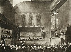 Drawing of a large, crowded courtroom