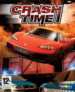 Box art image showing a sports car passing over the top of two police vehicles with a train carriage and flames in the background. The title "Crash Time" is placed at the top centre of the image.