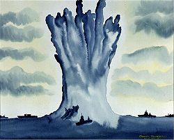 Watercolor of geyser lifting one end of a ship.