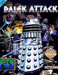 An illustrated cover shows a silver Dalek firing its energy weapon, which appears as a blue-grey beam extending from the shorter of the two central protruding rods. The words "DALEK ATTACK" are in jagged silver letters across the upper part of the image.  The background of the image shows the skyscrapers of an urban skyline; surrounding the Dalek (clockwise, from upper right) are: a tyrannosaurus (standing on a building's roof); a hulking simian humanoid figure holding a gun; a blue police box; the multicoloured diamond Doctor Who logo; a superimposed banner with the flags of the United Kingdom, Germany, France, Spain and Italy; a crumpled sign reading "I LOVE NEW YORK"; a logo reading "ADMIRAL SOFTWARE"; a figure with a Dalek base and a wizened, humanoid torso and head; the Statue of Liberty, broken and fallen at an angle; and a red Dalek flying on a disc and shooting its energy weapon.