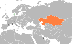 Map indicating locations of Denmark and Kazakhstan