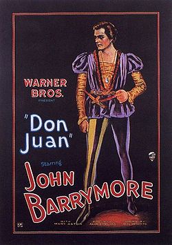 Illustration of a man dressed in an orange-and-purple Elizabethan costume with puffy shoulders and sheer leggings. Accompanying text provides film credits, dominated by the name of star John Barrymore.