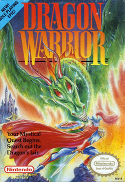 A drawn image showing a knight in battle with a fire-breathing dragon. The game's title logo and a castle are superimposed over the scene.
