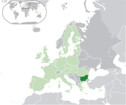 Location of  Bulgaria  (dark green)– in Europe  (light green & dark grey)– in the European Union  (light green)  —  [Legend]