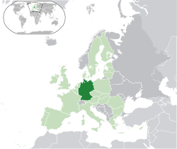 Location of  Germany  (dark green)– in Europe  (green & dark grey)– in the European Union  (green)  —  [Legend]