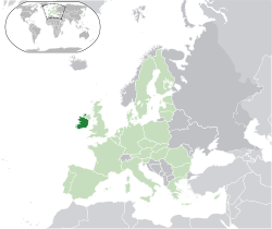Location of the  Republic of Ireland  (dark green)– in Europe  (green & dark grey)– in the European Union  (green)  —  [Legend]