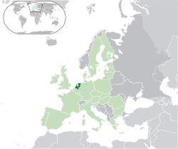Location of the  Netherlands  (dark green)– in Europe  (light green & dark grey)– in the European Union  (light green)  —  [Legend]