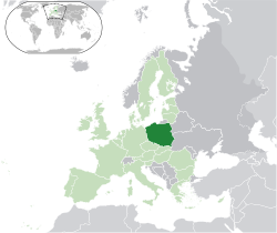 Location of  Poland  (dark green)– in Europe  (green & dark grey)– in the European Union  (green)  —  [Legend]