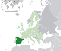 Location of  Spain  (dark green)– in Europe  (green & dark grey)– in the European Union  (green)  —  [Legend]