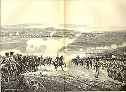 Black and white engraving showing large numbers of soldiers arrayed against one another at the Battle of Mendigorría
