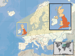 Location of  England  (orange)– in the European continent  (camel & white)– in the United Kingdom  (camel)