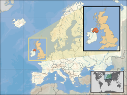 Location of  Northern Ireland  (orange)– in the European continent  (caramel & white)– in the United Kingdom  (caramel)