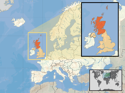 Location of  Scotland  (orange)– in the European continent  (camel & white)– in the United Kingdom  (camel)