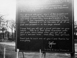 A Farewell sign posted on behalf of Gen. H.D.G. Crerar to troops of the 1st Canadian Army departing from Holland in 1945.