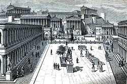 The Forum Romanum and the comitium (behind fencing) after 44 BC and the rearrangement of Julius Caesar