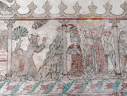 Medieval mural showing two scenes. One scene shows Jesus praying in the garden, with details as described in the text. The second scene illustrates the capture of Christ by soldiers.