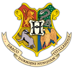 The Coat of Arms of Hogwarts, featuring scarlet and gold Gryffindor colours with the mascot Lion, yellow and black of Hufflepuff with the symbolic badger, bronze and blue Ravenclaw colours with an eagle, and Slytherin green and silver with a serpent mascot.