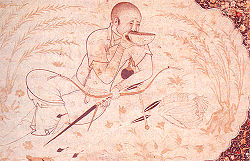 Stylized line drawing of Hulagu, seated and drinking from a bowl