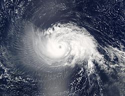 A picture showing the vast shield of cirrus clouds accompanying Hurricane Isabel in 2003.