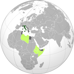 Green: Kingdom of ItalyLime: Italian colonies/possessionsDark gray: Italian occupied territory and protectorates