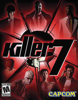 Artwork of a vertical rectangular box that is predominately red and black. The seven main characters of the game are arrayed in a circle around the text "Killer7" while an eighth character peeks from behind the text.