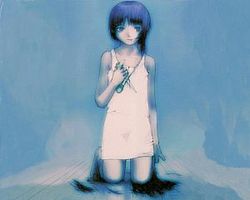 A young girl in a white shift kneels facing us with scissors in her hand, and hanks of her own hair on the ground, leaving one forelock uncut. The background is blue.