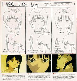 A series of drawings depicting the different personalities of Lain – the first shows shy body language, the second shows bolder body language, and the third grins in an unhinged fashion.