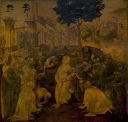 An unfinished painting showing the Virgin Mary and Christ Child surrounded by many figures who are all crowding to look at the baby. Behind the figures is a distant landscape and a large ruined building. More people are coming, in the distance.