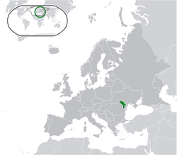 Location of Moldova (green) – Transnistria (light green) on the European continent (green + dark grey)