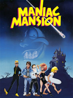 Artwork of a vertical rectangular box. The top portion reads "Maniac Mansion" with a group of five teenagers in the foreground and dark landscape in the background. The first teenager is a blond male dressed in a black suit, the second a brunette male in a denim jacket and pants, the third a black haired male with glasses and a flashlight, the fourth a red haired female in a black dress and spiked choker, and the fifth a male with long blond hair holding a surfboard.