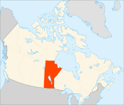 Map showing the location of Manitoba, in the centre of Southern Canada, in orange. The province has a coast on Hudson Bay to the northeast, and has a large lake slightly to the south of its centre