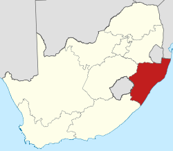 Map showing the location of KwaZulu-Natal in the south-eastern part of South Africa