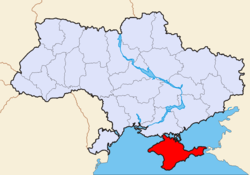 Location of Crimea (red) with respect to Ukraine (light blue).