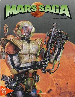 The C64/128 Mars Saga box art. It depicts a space-suited man wielding a weapon with the planet Mars as backdrop.