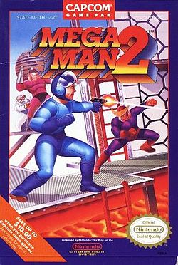 Artwork of a navy blue, vertical rectangular box. The top portion reads "Mega Man 2", while the artwork depicts a humanoid figure in a blue outfit firing a gun at a second humanoid figure in purple and red outfit.