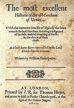 Title page of the first quarto for the Merchant of Venice (1600)