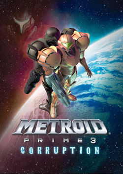 A person in a big, futuristic-looking powered suit with a helmet, a firearm on the right arm and large, bulky, and rounded shoulders. Behind her stands a duplicate of hers wearing a black suit, and the helmet of a criature with similar armor. In the background is a blue planet surrounded by stars. On the lower part of the box is the game title.